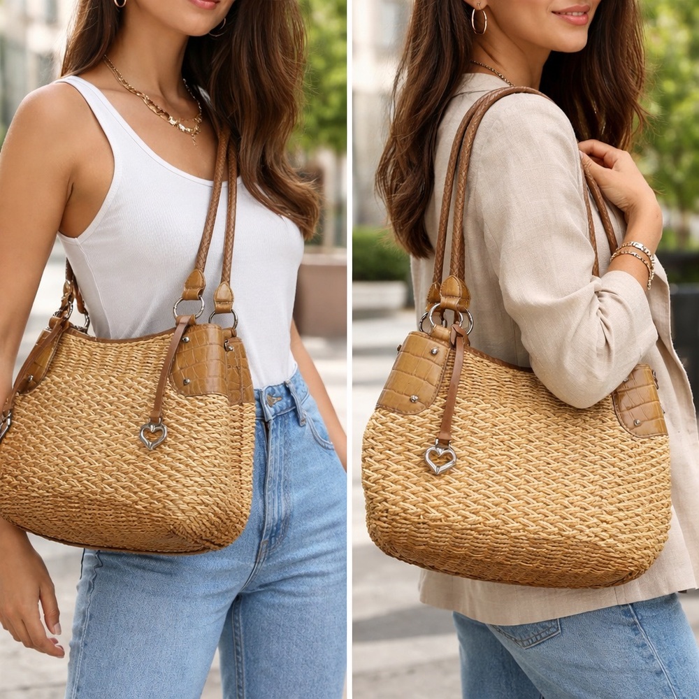 Brighton Delfina Natural Straw Shoulder Bag - Light Brown Leather + Care Bag
